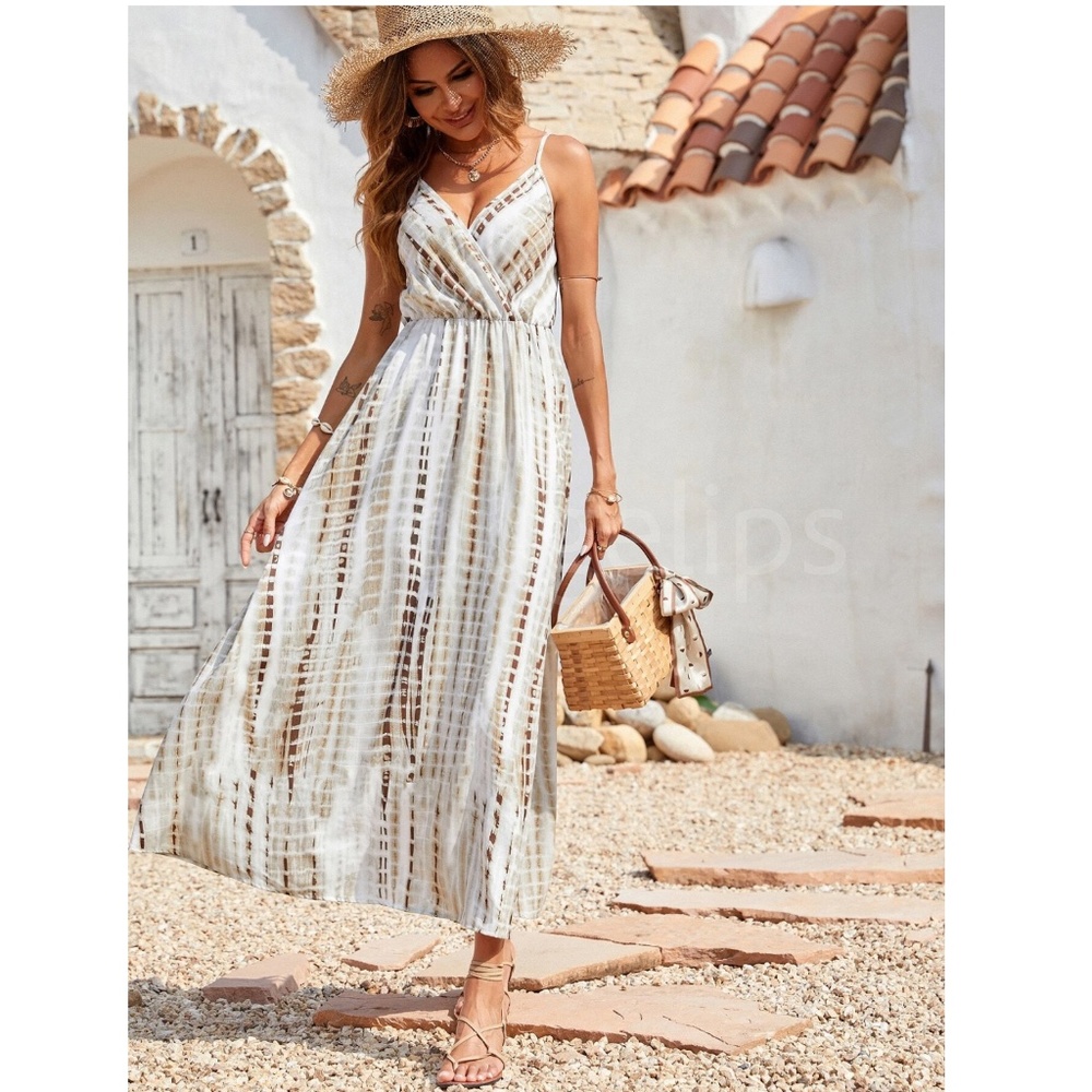 Tie Dye White Beige Tan V-Neck Cami Dress Maxi Flared Long Surplice Overlapping - Picture 7 of 10